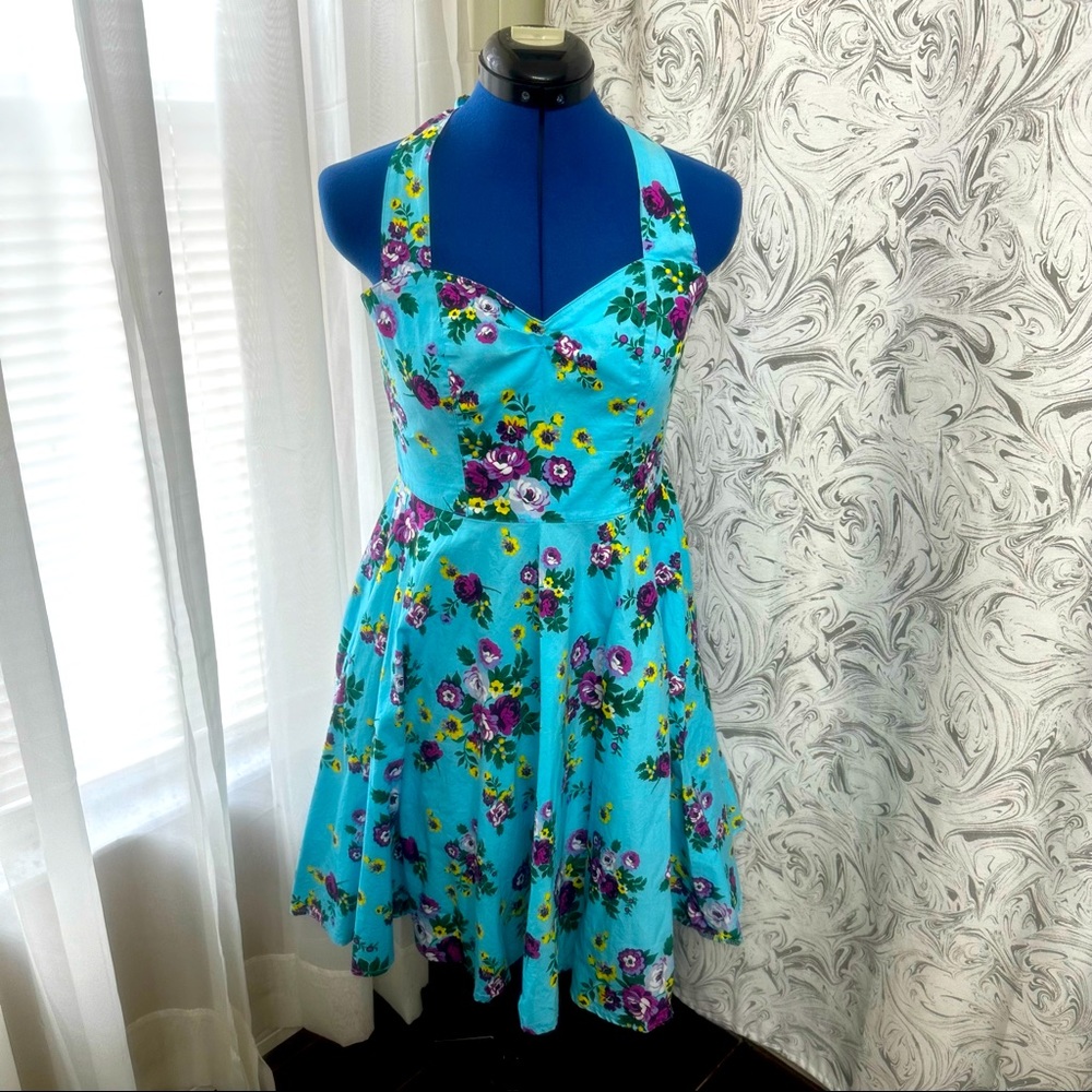 Hell Bunny Turquoise Floral Halter Dress Medium